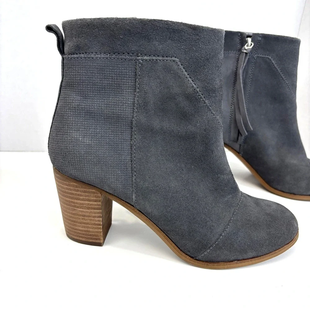 TOMS Suede Ankle Boots Womens 8.5 Gray Block Heel Zip Booties Casual Leather